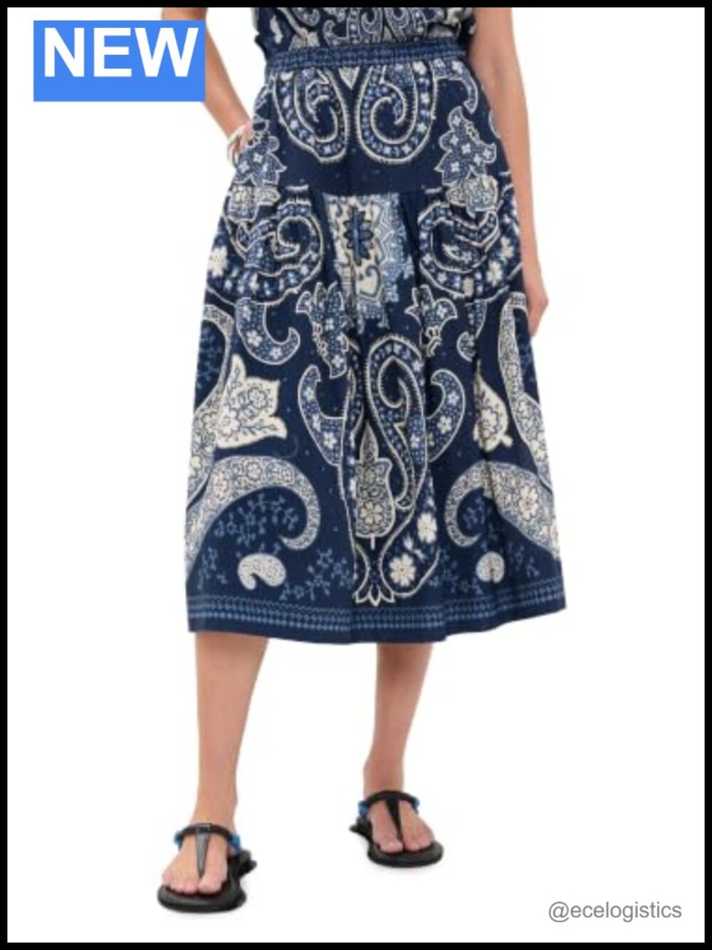 Sea Linen Cotton Midi A-Line Skirt Gathered Detail Pockets